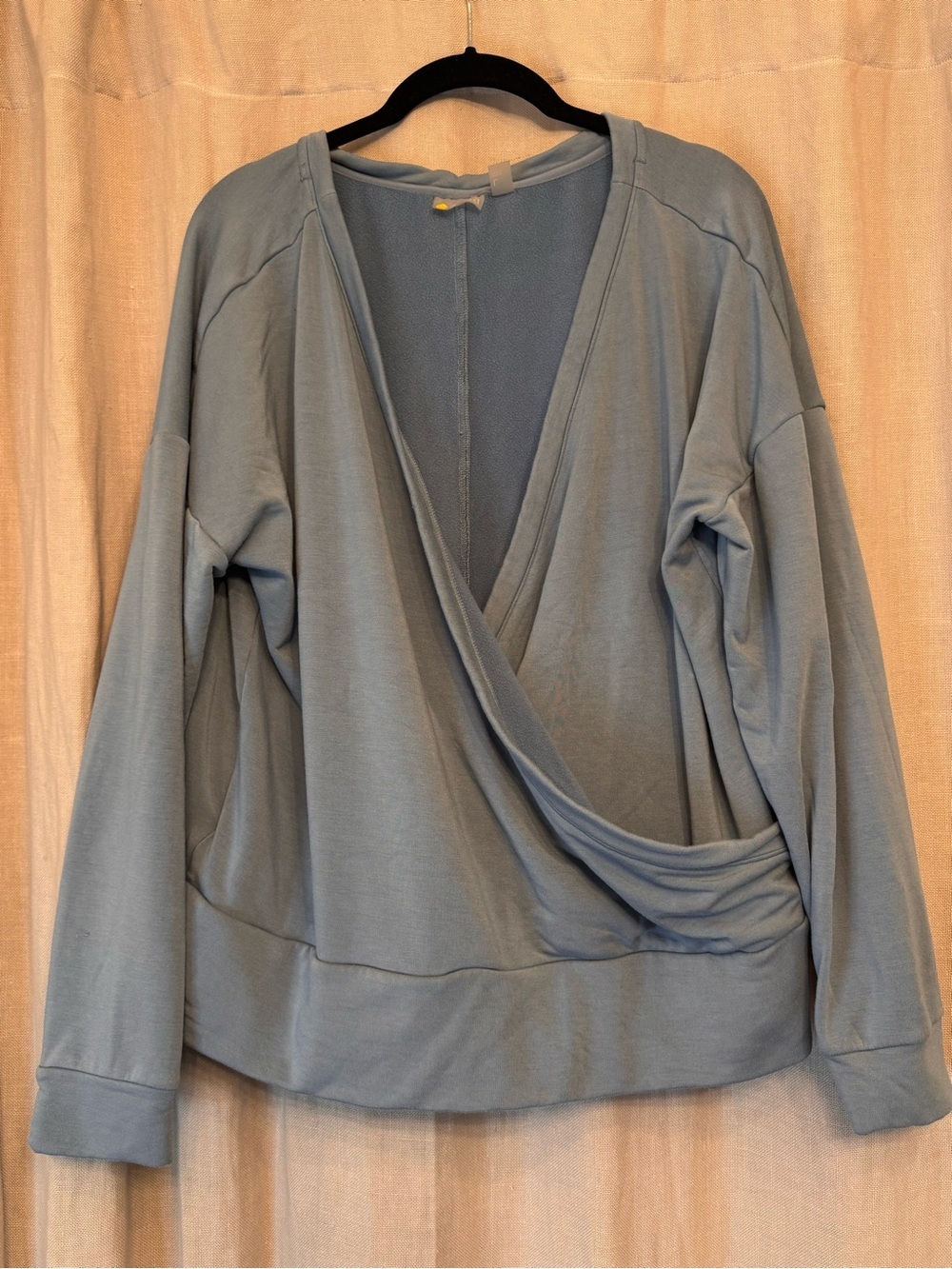 Zella Peaceful Cozy Fleece Faux Wrap Pullover Sweatshirt Blue Gray Large NWOT